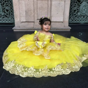 Customized Vibrant Yellow Mini Quinceanera Dresses Little Princess Flower Girl Dress 2025 Long Sleeve Tulle Appliqué Bow at Back