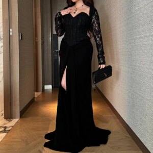 Customized Temperament  Lace Girdling Strapless Floor Length  Front Slit Straight  платье вечернее Jersey Long Sleeves Vestidos