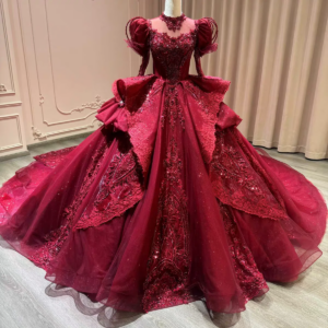Take photos and inspect the goods before shipment, including the red bridal gown with a big tail and holiday evening gown.