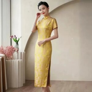 High-End Quality Real Silk Cheongsam Qipao Yellow Toast Chinese Dress