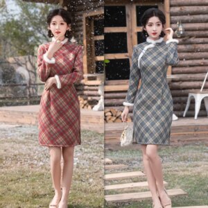 Fashion and Young Girl’s Fleece-lined Thickened Manli Velvet Cheongsam Qi Pao Winter New National Style Artistic
