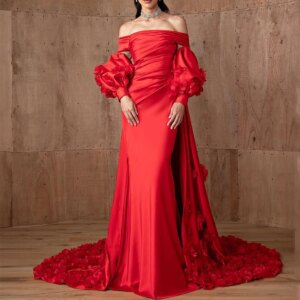 Exquisite Red Mermaid Evening Dress with Pleat and 3D Flower Floor Length Shawl Sweep Train Gowns Luxury Wedding Party Custom