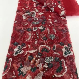 New African Fabrics 2025最新 Luxury Handmade Beads Lace Fabric Red Embroidered Lace Fabric High Quality Wedding Dress Q330-1