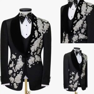 Luxury Beads Men Suits Customized Appliques Groom Wedding Party Tuxedos 2 Pieces Slim Fit Male Blazer Vest Costumes Homme