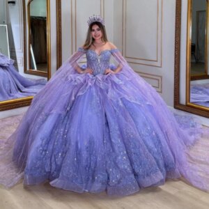 Lavender Shiny Quinceanera Dresses Off Shoulder Ball Gown Sweet 16 Dress Applique Lace Bow Beads With Cape Tull Birthday Party