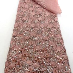 Pink African Sequins Beaded Groom Lace Fabric High Quality French Tulle Lace Fabric 2024 Embroidery Nigerian Lace Fabrics Q434-1