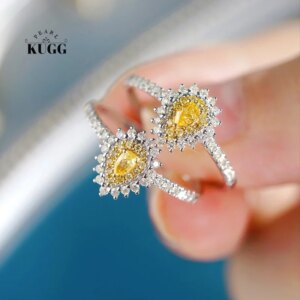 KUGG 100% 18K White Gold Rings Women Real Natural Yellow Diamond Engagement Ring Elegant Shiny Design High Wedding Jewelry