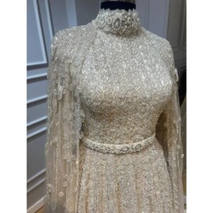 BABYONLINE Customized Luxury Dress Glitter Beadingds Jewel Cape Sleeve Abiye High-neck with Crystals Belt Flared Skirt Forma