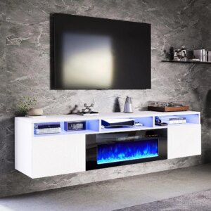 Floating TV Stand with 36″ Electric Fireplace, 70in Wall Mounted Entertainment Center with High Gloss Geometric Doors, Media Co