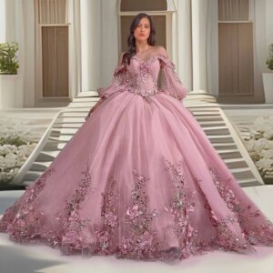 Pink Princess Quinceanera Dresses Off Shoulder 3D Floral Sequin Applique Beads Ball Gown Coset vestido 15 quinceaneras Anos Swee