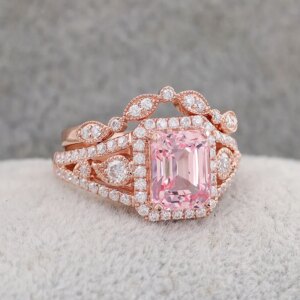 Provence Luxury Wedding Ring set KGold Emerald cut pink Lab Gemstones Ring DEF/VS Lab Diamonds Halo band Personalized Custom