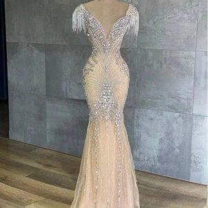 V Neck Crystal Beading Mermaid Evening Dress Sweetheart Cap Sleeves Formal Party Gowns Custom Made Floor Length Vestido de novia