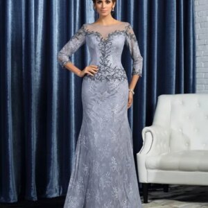 Silver Mother Of The Bride Dresses Mermaid 3/4 Sleeves Lace Beaded Plus Size Long Groom Mother Dresses For Wedding Customized