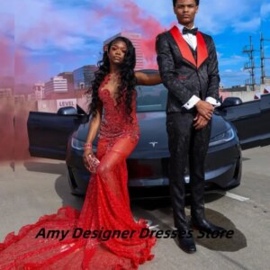 Sexy Red Sequin Prom Dresses For Black Girls 2025 Illusion Lace Long Mermaid Wedding Party Dress Vestidos De Gala Customized
