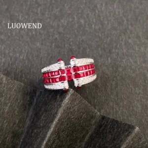 LUOWEND 100% 18K White Gold Rings Luxury Ethnic Design Shiny Diamond Natural Ruby Gemstone Ring for Women High Party Jewelry