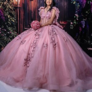 Customized Shiny Pink Off Shoulder Quinceanera Dress Tull sequin applique 3D flower Bow vestidos de 15 Quinceanera