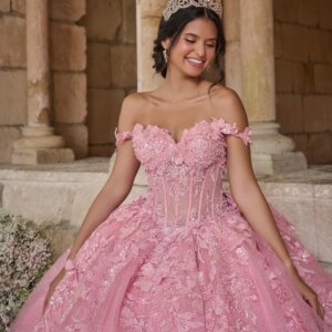 Customized Shiny Pink Off Shoulder Quinceanera Dress Tull beads 3D flower applique Bow vestidos de 15 Quinceanera