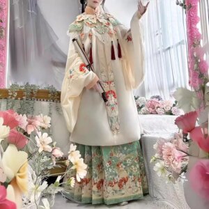 Spring Ming Women’s Han Chinese Clothing 2024 New Heavy Industry Cloud Shoulder Pipa Sleeve Horse-Face Skirt Suit