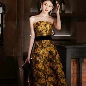 Yellow Floral Prom Dresses Satin Strapless A-line Princess Graduation Birthday Woman Saudi Arabic Evening Celebrity Gowns 2024