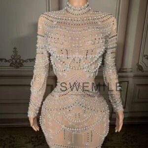 SWEMILE Saudi Arabic Luxury Nude Pearls Crystal Mermaid Evening Dress 2025 Long Sleeve High Neck Muslim Women Prom Party Gowns