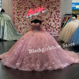 Fairy Pink Quinceanera Dress Off Shoulder Sheer Corset 3D Floral Appliques Mexican Cathedral Train Customised abiti da cerimonia