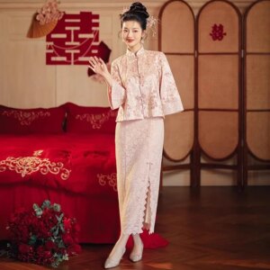 Cantonese Embroidery Chinese Trend Wedding Ceremony Coat + Cheongsam Toasting Gown Bride’s Engagement Two-Piece Set Pink Dress