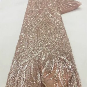 High Quality African Gold Handmade Beaded Lace Fabirc 2025 Sewing Sequins Embroidery Nigerian Net Lace Fabric Women Dress Q433-1