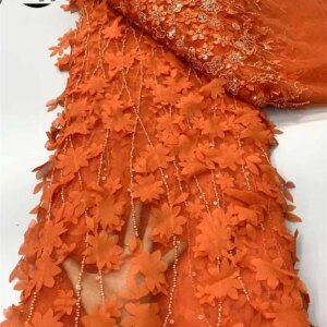 Latest African Beaded Lace Fabric 2024 High Quality Embroidery 3D Flower French Nigerian Mesh Lace Fabric for Women Party Dress