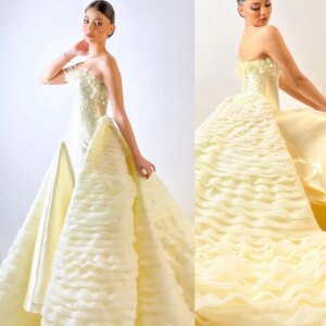 Customized High Quality Strapless A-line Evening Dresses Tassel Sequin Satin Open Back Custom Dress