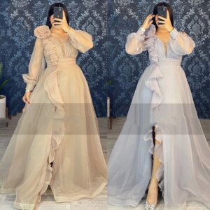 Customized Organza Flower Pleat Formal Ball Gown V-neck Bespoke Occasion Long Dresses Saudi Arabia