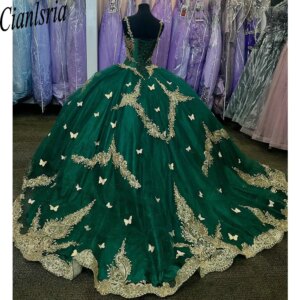 Emerald Green Spaghetti Strap Beading Crystal Ball Gown Quinceanera Dresses Gold Appliques Lace Corset Vestidos De 15 Anos