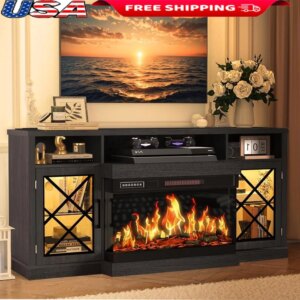 3-Sided Electric Fireplace TV Stand 43-75 inch TVs LED Flame Effect Entertainment Center Adjustable Heat USB Ports Storage