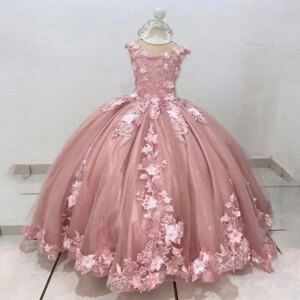 Luxury Pink Flower Girl Dresses Beading 3D Floral Ball Gown Girls Birthday Photos Shoot Kids Prom Gowns for Party