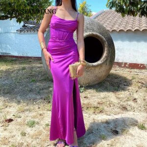 Vintage Long Purple Spaghetti Straps Satin Prom Dresses Sleeveless with Slit Mermaid Floor Lengthفساتين حفلات