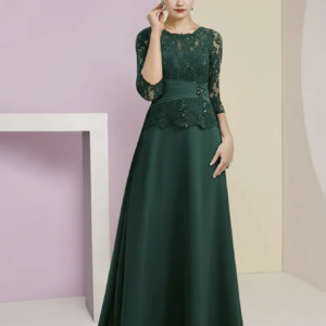 A-Line Mother of the Bride Dress Wedding Guest Elegant Scoop Neck Floor Length Chiffon 3/4 Sleeve with Lace Sequin Ruching 2024