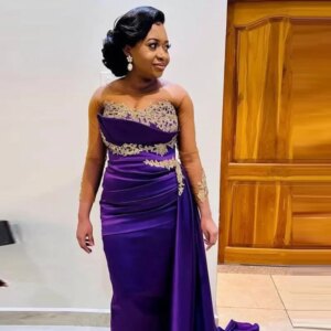 With Sheer Neck Illusion Long Sleeves Lace Appliques Side Train Aso Ebi Evening Dress Sexy Purple Mermaid Prom Dresses