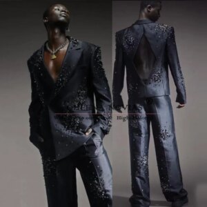 Luxury Beaded Stone Groom Wedding Tuxedo Italian Design Double Breasted Prom Blazer Customized Man Dinner Party Suit Men Skinny
