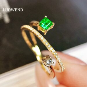 LUOWEND 100% 18K Yellow Gold Rings Shiny Diamond Natural Emerald Ring for Women Romantic Gentle Style High Wedding Jewelry