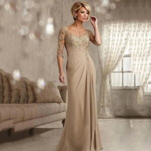Elegant Mother of the Bride Dresses O-neck Champagne Floor Length Mermaid Appliques Half Sleeves High Quality Women Prom Gowns