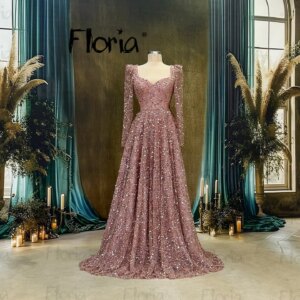 Blush Pink Luxury Muslim Long Sleeves Evening Dress for Women Wedding Party Elegant A-line Sequins Formal Gowns Customized
