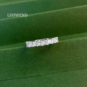 LUOWEND 100% 18K White Gold Rings Shiny Princess Cut Shape 0.95carat Real Natural Diamond Engagement Ring for Women Fine Jewelry