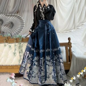 Winter Women’s Han Chinese Clothing Ming National Style Imitation Snail Makeup Flower Color Horse-Face Skirt Daily Versatile