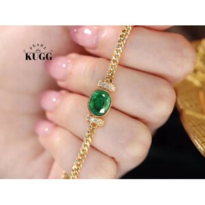 KUGG 100% 18K Yellow Gold Bracelet Cuban Chain Shiny Diamond Natural Emerald Bracelet for Women Fashion Design Party Jewelry