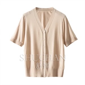 5A Knitted Silk Simple V-neck Short-sleeved Knitted Sweater T-shirt Women Casacos Femininos Inverno 2025 Summer