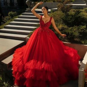 Exquisite Red Ball Gown Sleeveless Formal Evening Dresses 2025 Tulle Appliques Ruffles Party Prom Gowns For Women Robe De Soirée