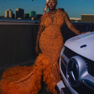 Aso Ebi Orange Long Prom Dresses Pearls Sequins 3D Lace Wedding Party Gowns For Black Girls Formal Occasion Gowns Customized