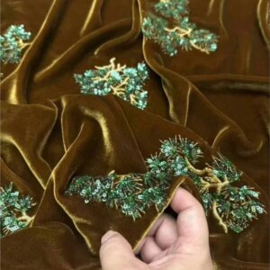 Coffee-gold pine needle heavy embroidery true velvet beaded coat cotton autumn and winter fabric wide width
