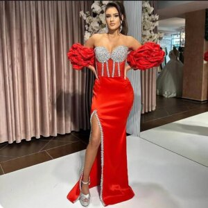 2025 Evening Party Gowns Red Mermaid Prom Dresses With Short Puffy Sleeves Beads Appliques High Slit Yong Girls Satin Birthday