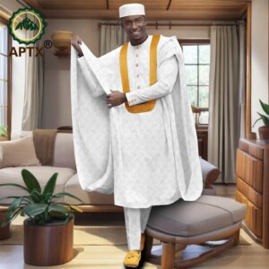 African Men Clothing Print Cotton Long Robe Tops and Trouser Suits Pants Sets Party Wedding 2 Pcs Set African Long Robe 2516008