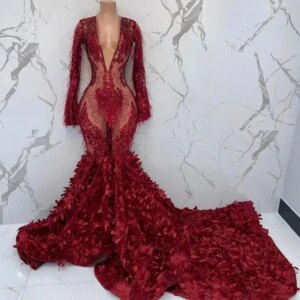Sexy See Through Feather Prom Dresses Luxury Mermaid Black Girls V-neck Beaded Lace 3D Leaf Formal Evening Party Gown Customized